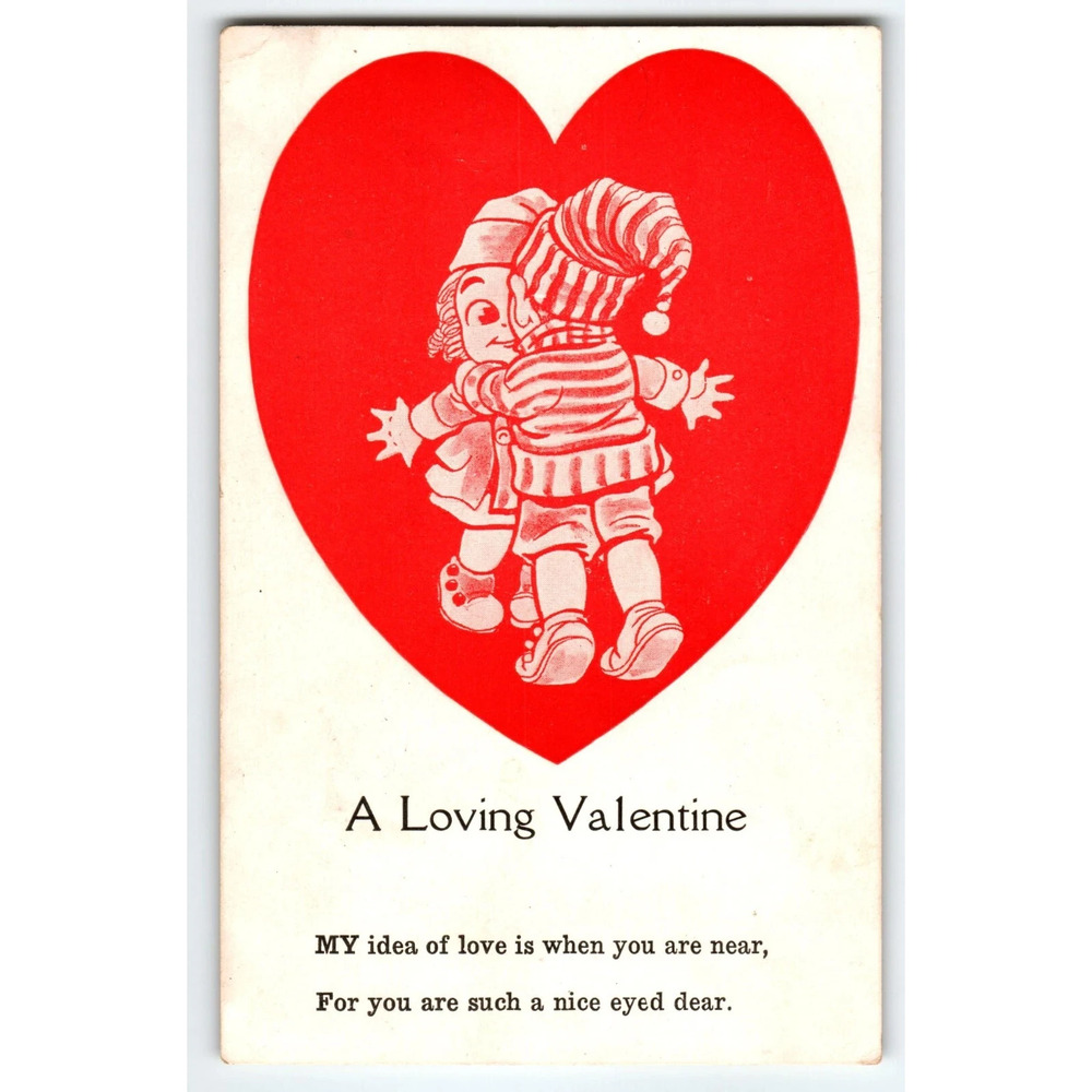 A Loving Valentine Postcard Boy Girl Children Hugging Big Red Heart Vintage